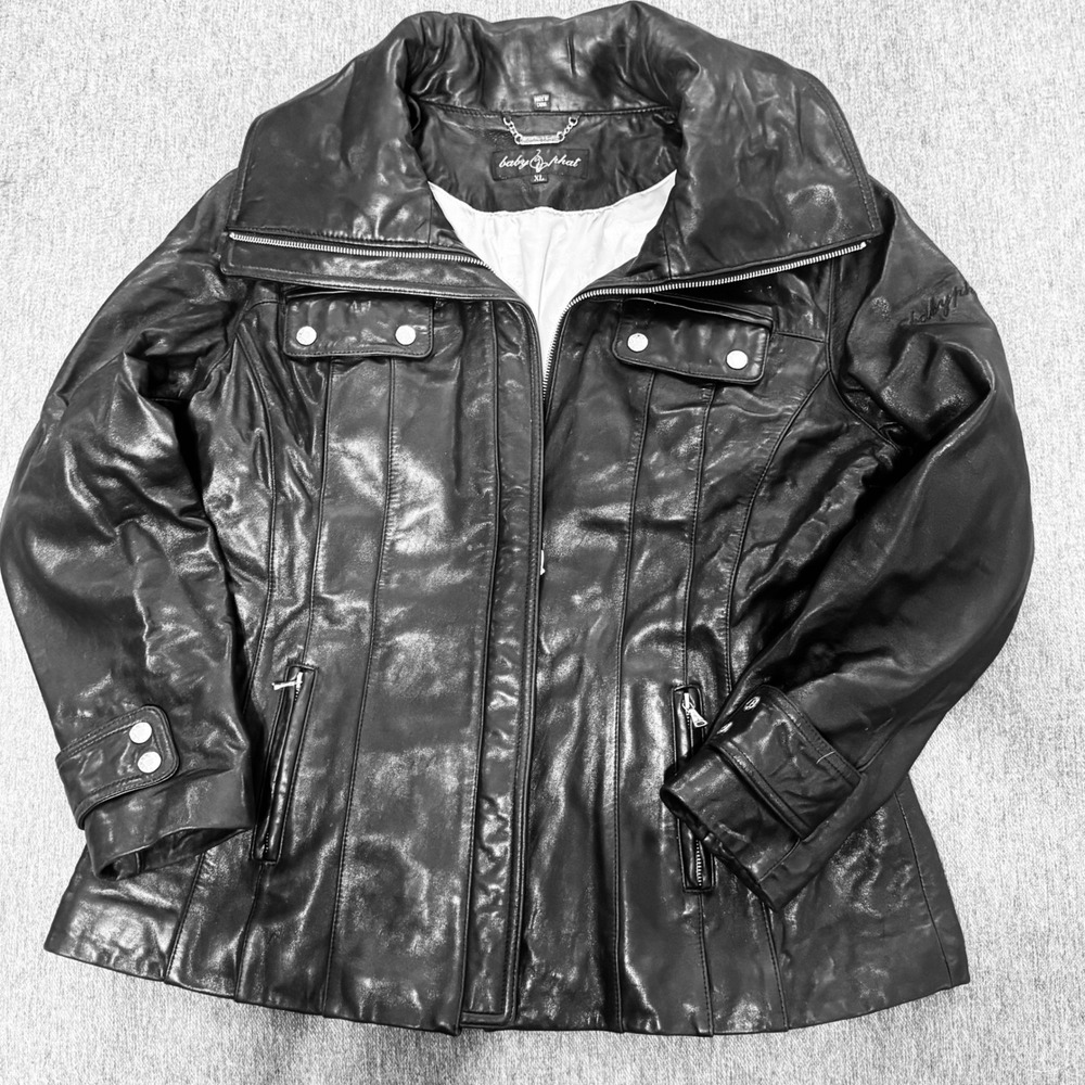 Baby Phat Womens XL Black Leather Moto Jacket Zip Up Y2K Cat Logo Embroidered